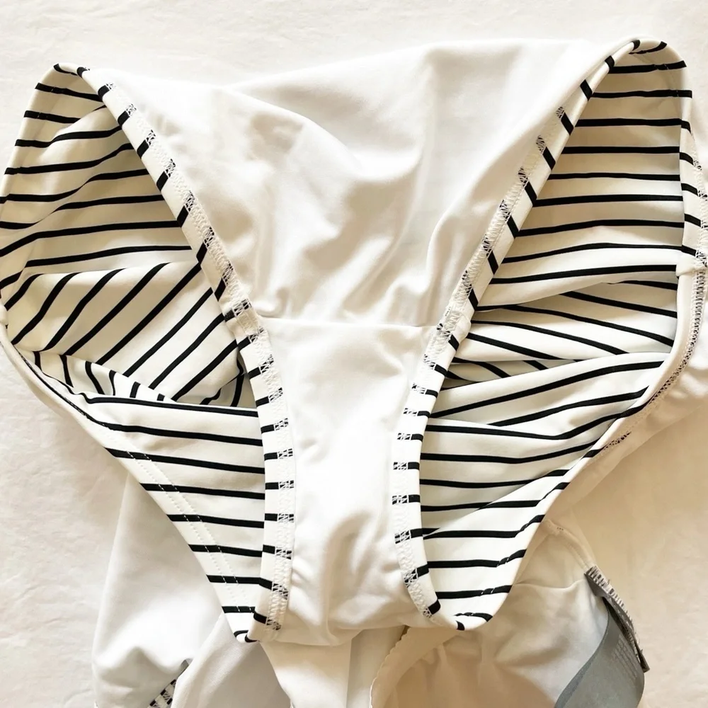 Vince Camino black and white‎ striped off-shoulder one piece swimsuit